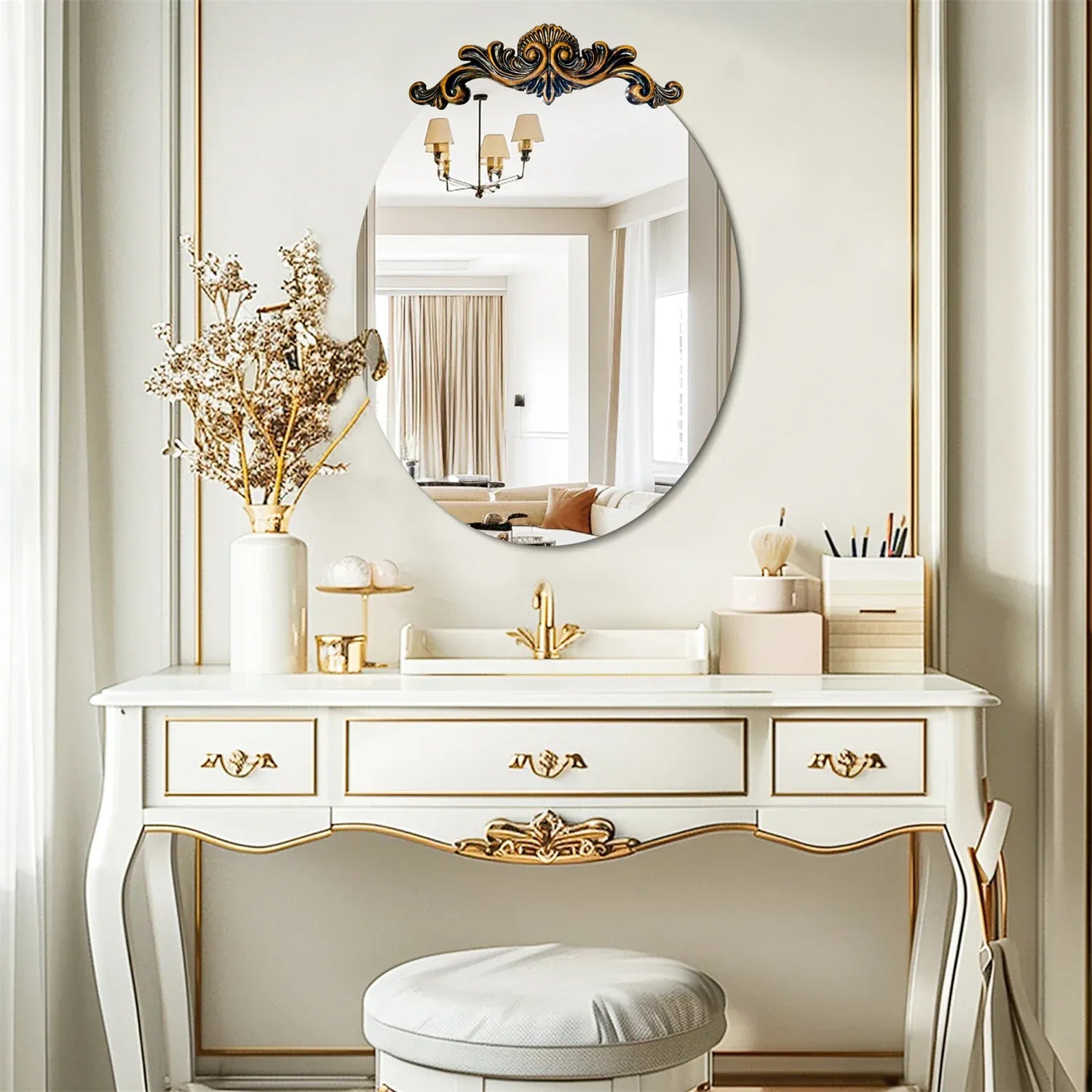miroir ovale baroque blanc